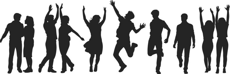 Obraz premium WebPeople silhouettes, standing, jumping, joyful movement, expressive posture, celebration theme, unity gesture, human interaction, vector illustration, black silhouette, isolated