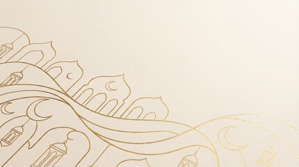 Elegant Islamic Golden Line Art Background with Lanterns, Crescent Moons, and Mosque Silhouettes on Beige