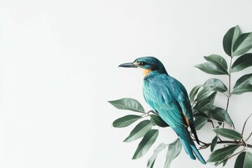 Obraz premium Colorful kingfisher bird on green leaves nature photography minimalist home decor tranquil environment close-up view