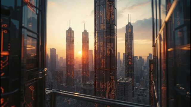Futuristic city skyline sunset with illuminated circuit patterned skyscraper facades creating warm