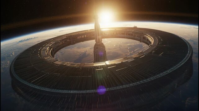 Futuristic space station ring orbiting Earth sunrise with central tower, rotating orbit sunrise glow