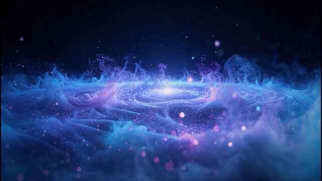 Ethereal blue nebula galaxy glow with misty particle waves and sparkling space bokeh
