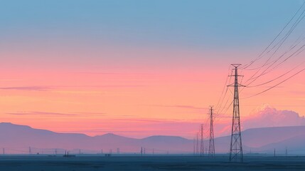 Serene Landscape with Power Lines at Sunset Over Mountains in a Vast Open Field Under a Soft Colorful Sky