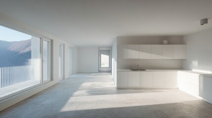 Fototapeta premium Modern Minimalist Kitchen Interior with Natural Light and Scenic Mountain Views, Emphasizing Open Space, Neutral Colors, and Sleek Design Elements for Contemporary Living