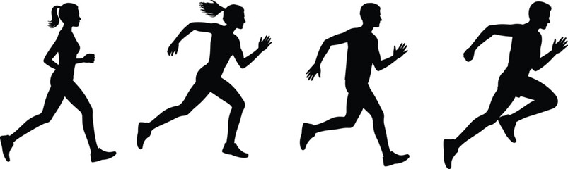 WebRunning silhouettes progression, jogging to sprint, athletic training, fitness exercise, body movement, sports activity, vector illustration, black silhouette, isolated