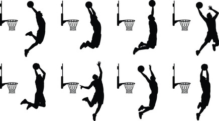 PrintBasketball player silhouettes, slam dunk action, hoop illustration, sports graphic design, athletic motion, dynamic pose, competitive game art, basketball icon © MDKAZOL