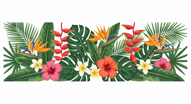 Composition d&eacute;corative de fleurs tropicales exotiques et de feuilles luxuriantes sur fond blanc.