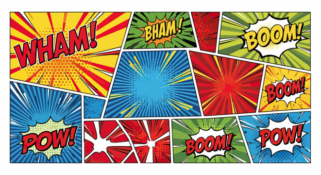 Bande dessin&eacute;e de style pop art avec des onomatop&eacute;es de bruits d'explosion et des &eacute;clats de couleur.