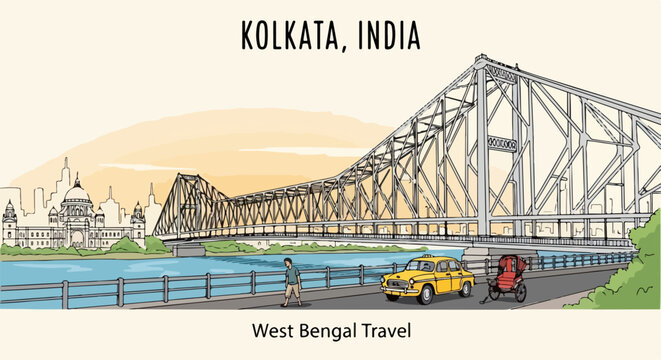 Pont Howrah embl&eacute;matique &agrave; Kolkata, Inde, avec des transports typiques et des b&acirc;timents historiques.