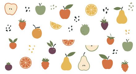 Obraz premium Whimsical Fruit Pattern: Apples, Pears, Berries, Citrus - Vintage Botanical Illustration