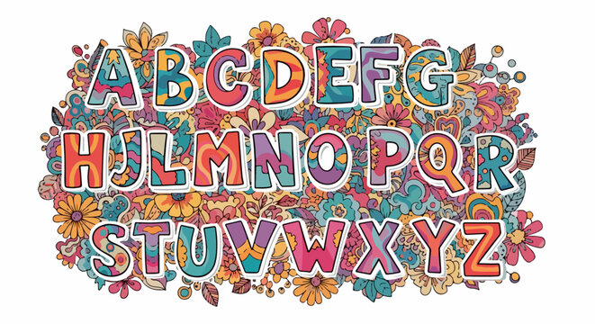 L'alphabet illustr&eacute; avec des motifs floraux color&eacute;s et psych&eacute;d&eacute;liques, style r&eacute;tro.