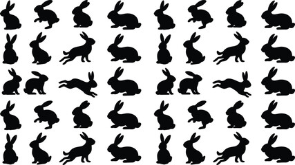 Black rabbit silhouettes pattern, animal poses illustration, hopping bunny design, sitting hare artwork, wildlife vector, seamless background, textile print, decoration © MDKAZOL