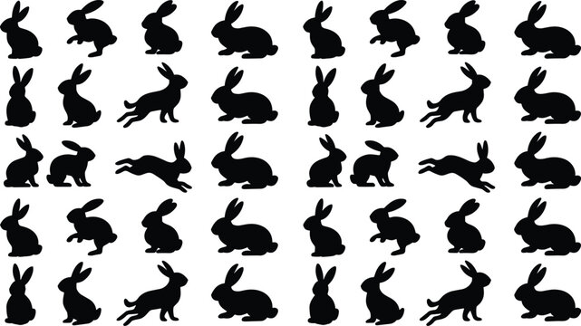 Black rabbit silhouettes pattern, animal poses illustration, hopping bunny design, sitting hare artwork, wildlife vector, seamless background, textile print, decoration