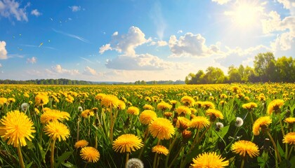 Obraz premium National Dandelion Day banner background, blooming spring flower field concept, yellow wildflower celebration design, natural outdoor photography template, fresh seasonal advertising backdrop