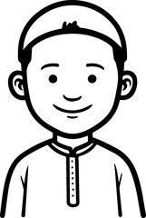 Obraz premium Smiling boy wearing traditional Muslim cap and kurta Black and white vector illustration 