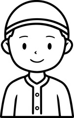 Obraz premium Smiling boy wearing traditional Muslim cap and kurta Black and white vector illustration 