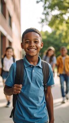 Fototapeta premium A young boy, smiling broadly, walks toward the camera, backpack on. Three other children stroll in the background near a brick building and foliage
