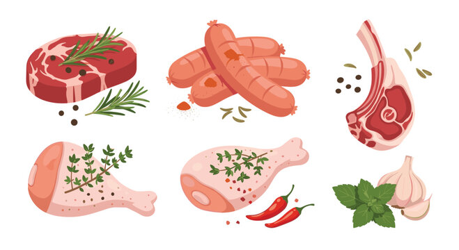 A diverse collection of raw meats including steak, sausages, chicken drumsticks, and a lamb chop is arranged with various fresh spices on a white surface.