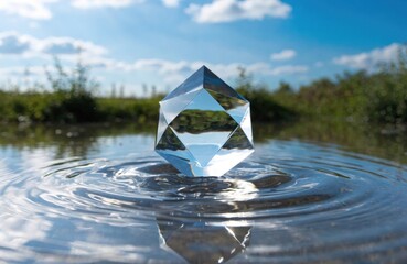 A drop of water falling into a puddle, freezing on impact, taking on a perfect geometric shape (crystal, polyhedron). Surrealism.