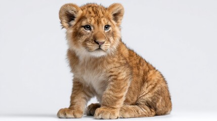 Obraz premium Adorable young lion cub portrait with expressive eyes sitting on a neutral background, showcasing its distinct fur texture and playful demeanor in a captivating stock photo.