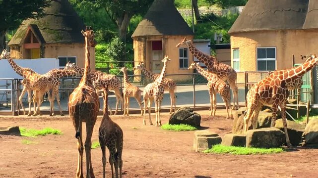 A group of giraffes standing in their habitat at a safari zoo during a sunny day, showcasing wildlife conservation and animal behavior