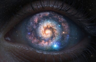 The eye reflects not a face, but an entire galaxy with nebulae and stars. The iris is the spiral of the Milky Way. Surrealism