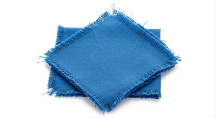 Blue fabric napkin with frayed edges, artfully scratched and isolated on a clean white background, showcasing texture and detail