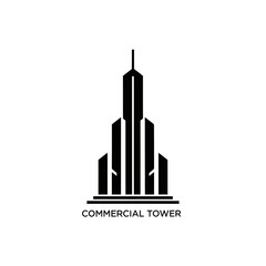 Obraz premium Sleek black silhouette of a modern commercial tower building.