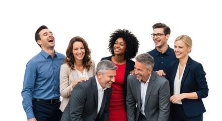 A diverse group of business professionals laughing together in a casual office setting.