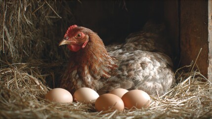 Content hen sitting peacefully in a cozy nest of straw, surrounding by fresh eggs, showcasing the beauty of farm life and natural animal behavior in a rustic setting