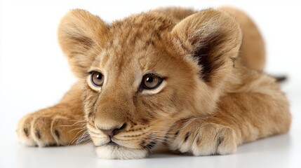 Obraz premium Adorable Young Lion Cub Resting on a White Background with Its Big Eyes and Soft Fur, Captivating View of a Wild Animal in a Calm Pose