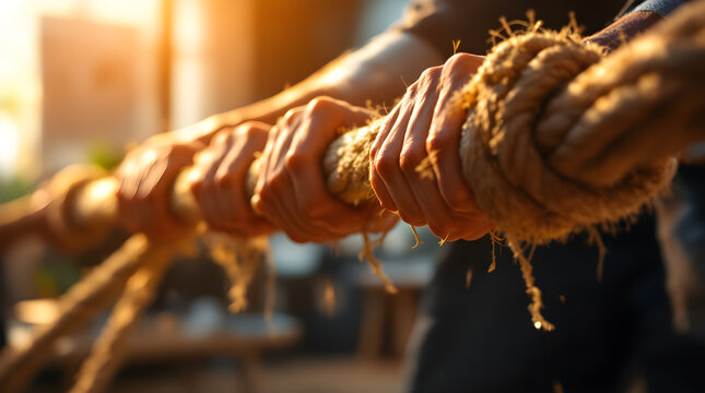 People pulling rope during team building exercise