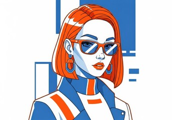 Stylish girl, neutral face, line drawing, orange and blue colors, flat graphic illustration, techno noir, minimalist fashion illustration.