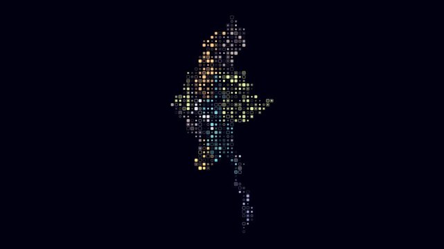 Myanmar animated country shape. Pulsating colored dots on the map of the country. Small size rounded square blocks. Digital style Myanmar map on dark background. Creative animation video.