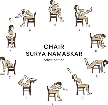 Flat vector illustration of a woman performing chair yoga surya namaskar sun salutation sequence for office wellness ergonomics