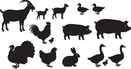 Diverse Farm and Domestic Animal Silhouettes Collection: Goats, Pigs, Roosters, Turkeys, Rabbits, Chickens, Ducks, and Geese in Black for Agricultural Designs. © Moniruzzaman
