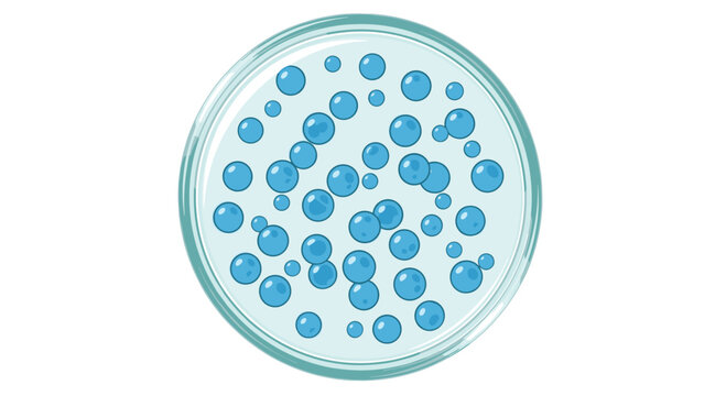 A circular petri dish containing a pale blue liquid has numerous vibrant blue spheres floating on its surface.