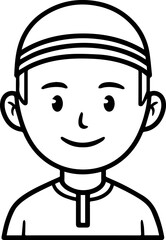 Obraz premium Smiling boy wearing traditional Muslim cap and kurta Black and white vector illustration 