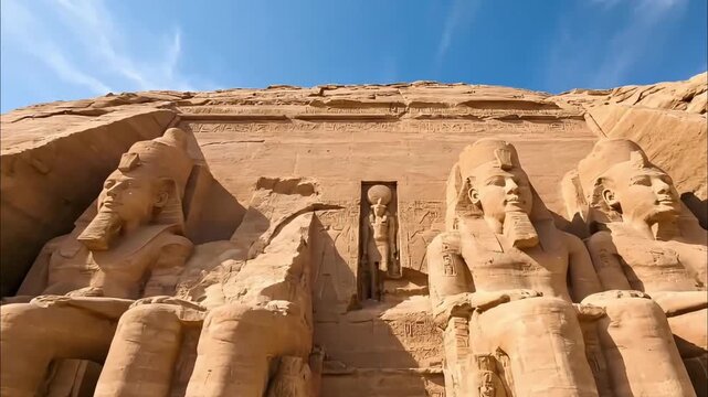 A low angle shot looking up at the massive statues of Ramses II at Abu Simbel 4K Videos