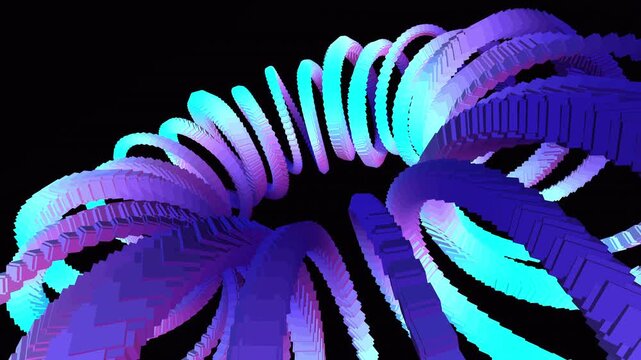 Seamless 4K procedural VJ loop of an iridescent brutalist cube torus rotating in 3D space. Perfect for Resolume, EDM stage visuals, projection mapping, and tech backgrounds.