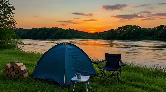 A tranquil riverside campsite features a dark blue dome tent, a folding chair, stacked firewood, and a small metal table during a vivid orange sunset.
