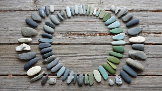 Circular arrangement of polished pebbles and stones on weathered wooden planks showcasing natural beauty