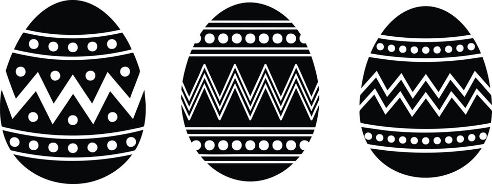 Set of Patterned Easter Egg Silhouettes, Decorative Geometric Easter Egg Icons, vector, illustration, silhouette.