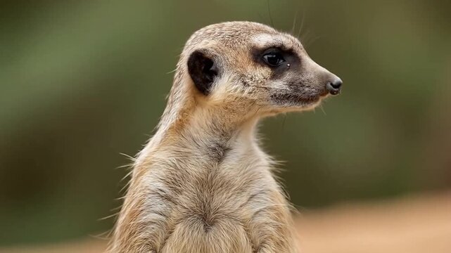 Close-up portrait of a meerkat standing upright outdoors.