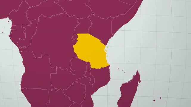Tanzania map. Animated zoom into the country on the Globe in Pale Mint Dark Pink color palette. Country logo animation with round text and airplanes. Map with meridians, parallels. Beautiful video.