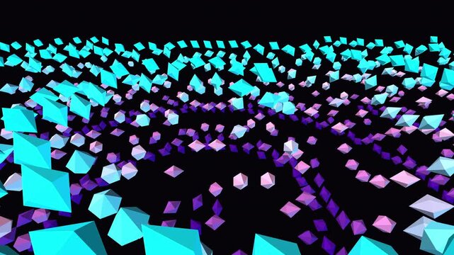 Seamless 4K procedural VJ loop of iridescent 3D quantum polyhedrons undulating in a harmonic wave matrix. Perfect for Resolume, EDM stage visuals, projection mapping, and luxury tech backgrounds.