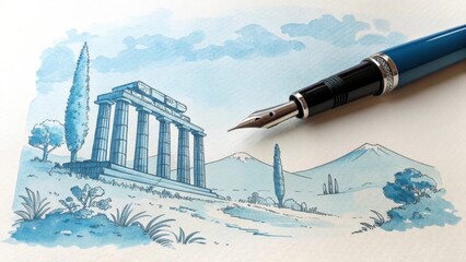 Ultra-cyberpunk, blue-black, fountain pen watercolor, minimalist caricature, Phoenician art