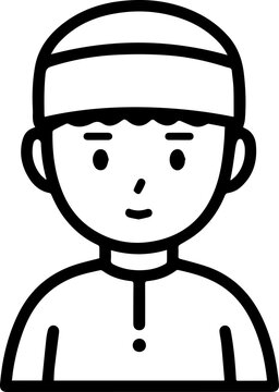 Smiling boy wearing traditional Muslim cap and kurta Black and white vector illustration
