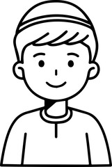 Obraz premium Smiling boy wearing traditional Muslim cap and kurta Black and white vector illustration 