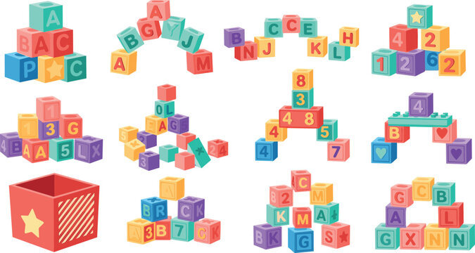 Colorful alphabet and number toy blocks collection, playful educational cubes for kids learning letters and counting, preschool and early education concept, flat vector illustration set